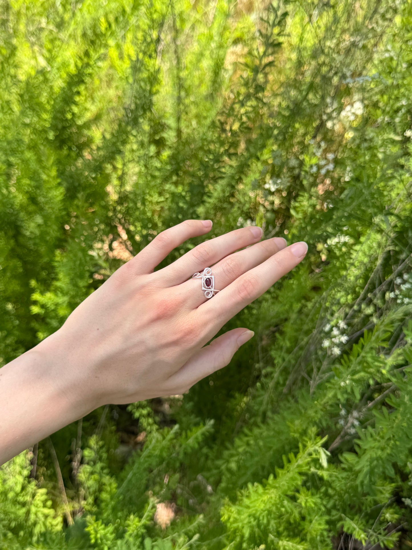 Garnet Ring with geometric band - Size 6